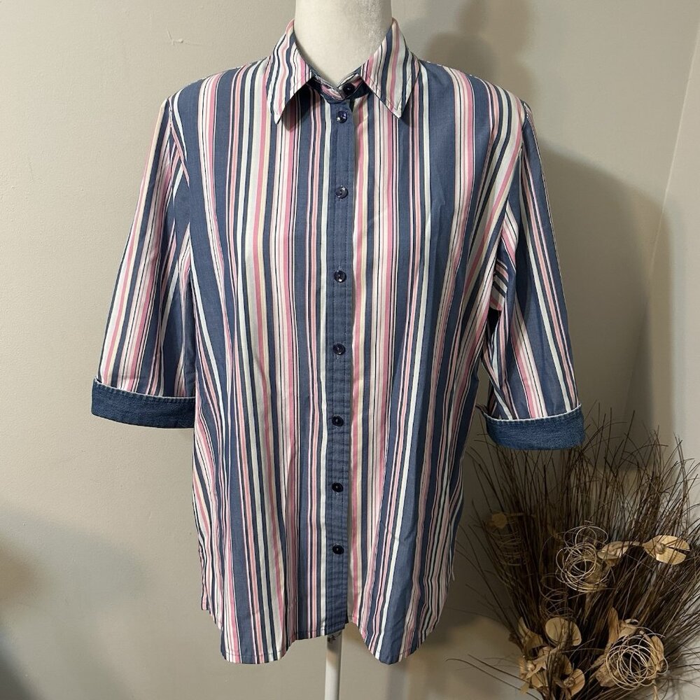 Vtg Alison Daley Women Shirt Striped Blue Pink Button Up 3/4 Sleeve  Denim Sz 14